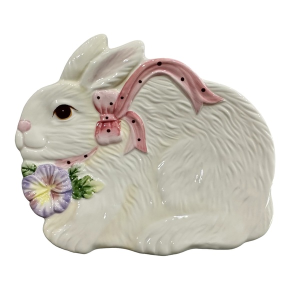 Porcelain Bunny Canapé Plate Serving Dish Candy Bowl Corner Ruby Easter Decor - Picture 2 of 6